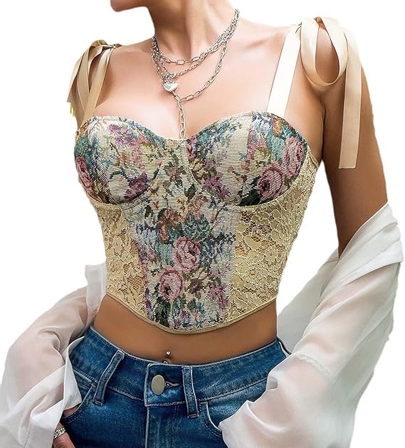 Corsé Floral Renacentista con Lazos de Raso y Ajuste de Cordones