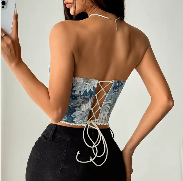 Corset Floral Azul Vintage